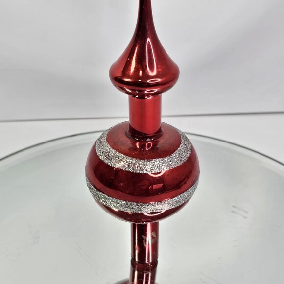 Vintage Glass Christmas Tree Topper Red With Silver Glitter Stripes 11.5" Long - Picture 3 of 7